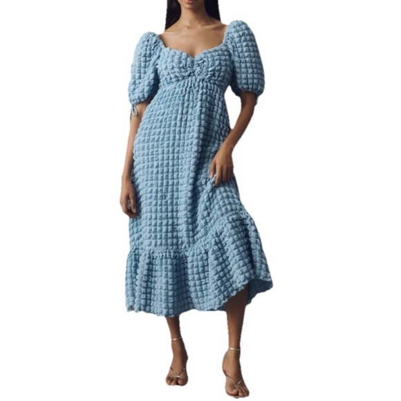 Endless Rose Puff Sleeve Sweatheart Textured Midi Dress Blue Women’s Size Small - Picture 1 of 11